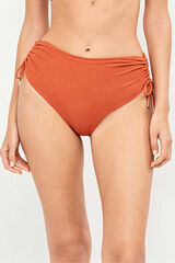 Gisela Cueca de biqu&iacute;ni cintura alta em tecido piqu&eacute; lurex dourado vermelho