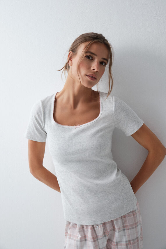 Pijama largo manga corta algodón cuadros