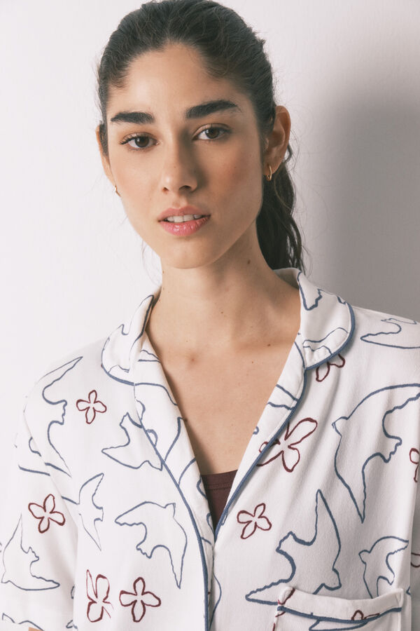 Women'secret Pijama camiseiro estampado de p&aacute;ssaros em algod&atilde;o branco branco