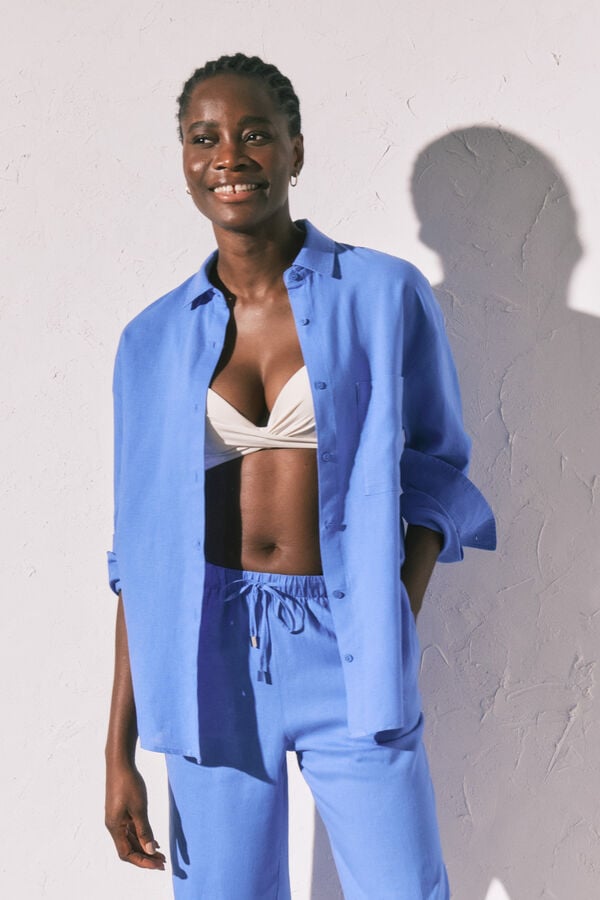 Women'secret Camisa de manga comprida em linho azul azul