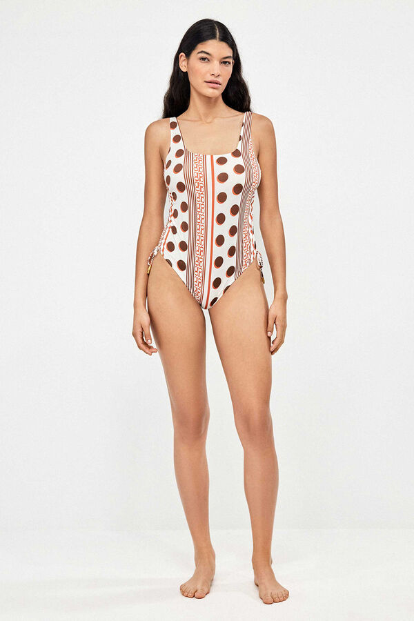 Gisela Fato de banho decote quadrado estampado geom&eacute;trico branco