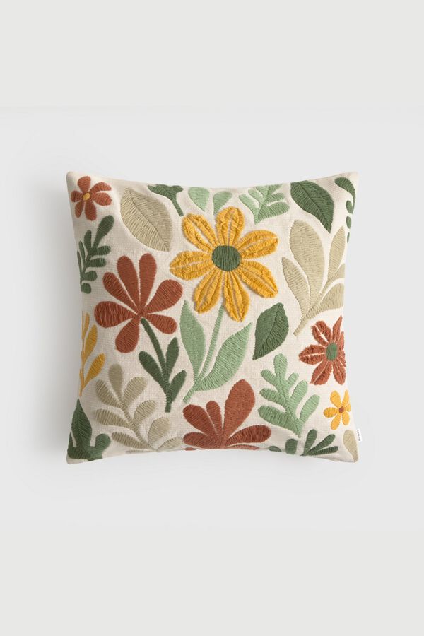 Textura Capa de almofada em algod&atilde;o com bordado de folhas e flores estampado