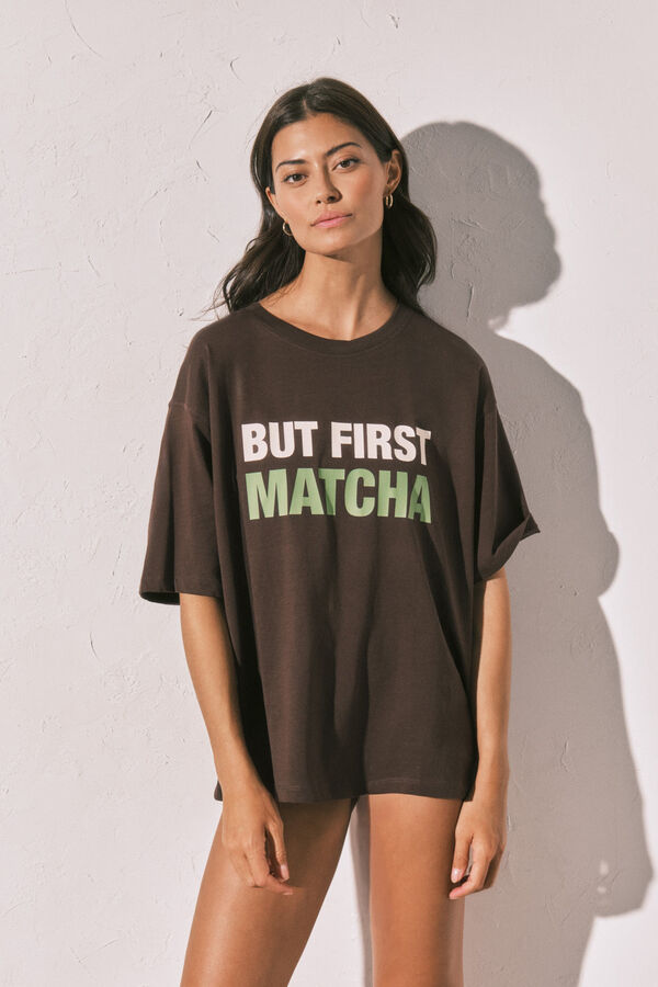 Women'secret T-shirt oversized castanha "But first matcha" cru