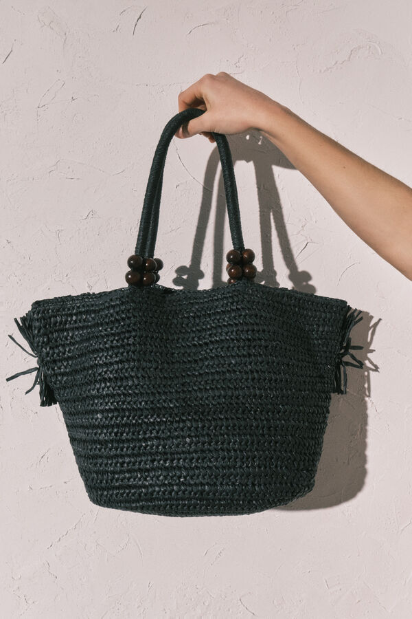 Women'secret Mala m&eacute;dia com franjas de r&aacute;fia preta preto