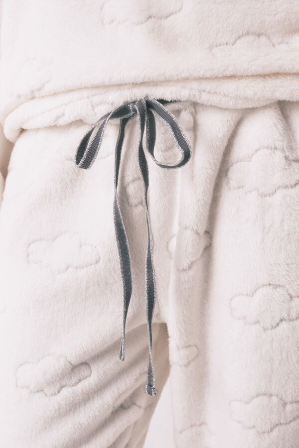 Women'secret Pijama comprido em polar estampado de nuvens cinza cinzento