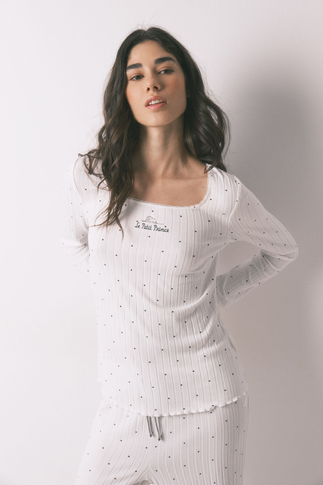 Women'secret Pijama comprido canelado estampado de estrelas branco