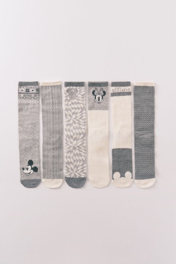Women'secret Pacote de 6 meias longas de algod&atilde;o com Minnie e Mickey   cinzento