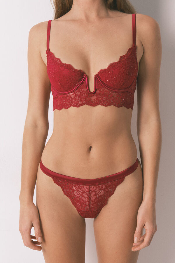 Women'secret Tanga tira encaje rojo brillo rojo