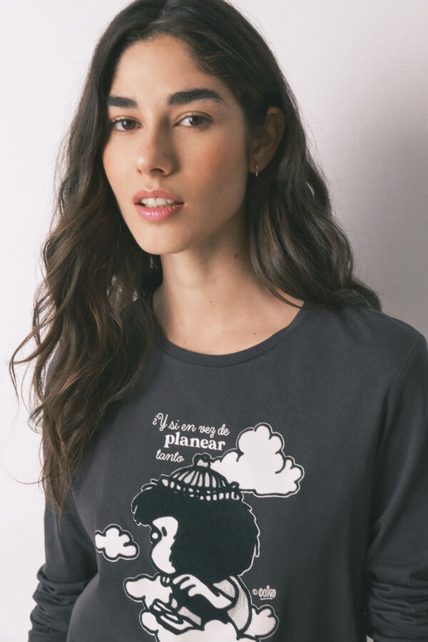 Women'secret Pijama comprido em 100% algod&atilde;o estampado Mafalda cinzento cinzento