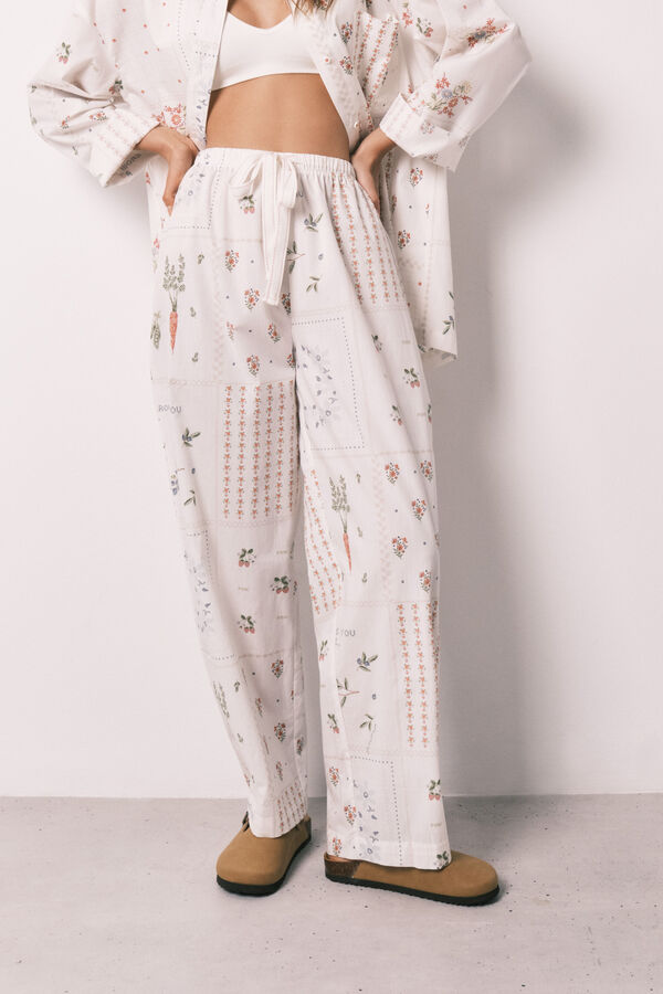 Women'secret Cal&ccedil;as compridas 100% algod&atilde;o estampado floral branco