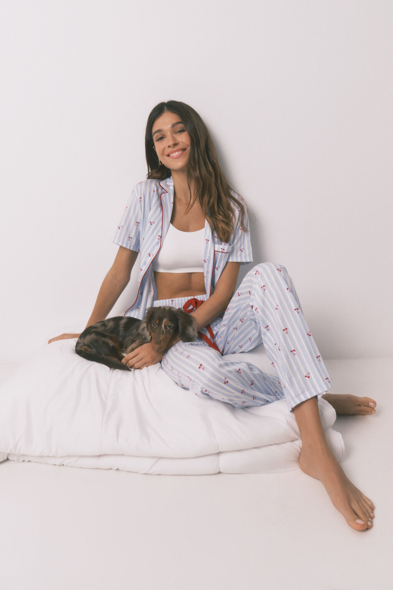 Women'secret Pijama camiseiro em algod&atilde;o com estampado de riscas e cerejas