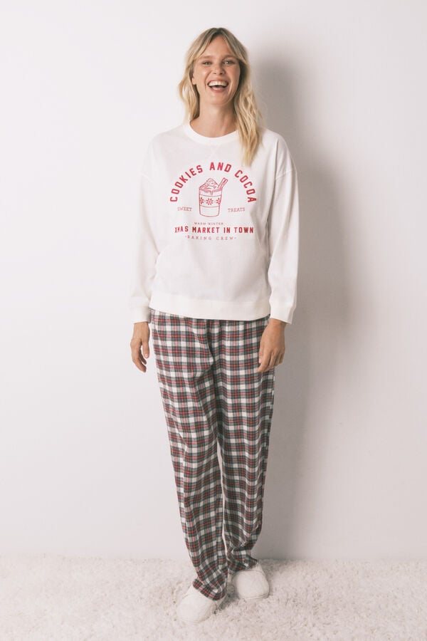 Women'secret Pijama de sweatshirt e calças xadrez bege