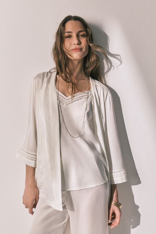 Women'secret Conjunto pijama comprido e robe cetim branco bege