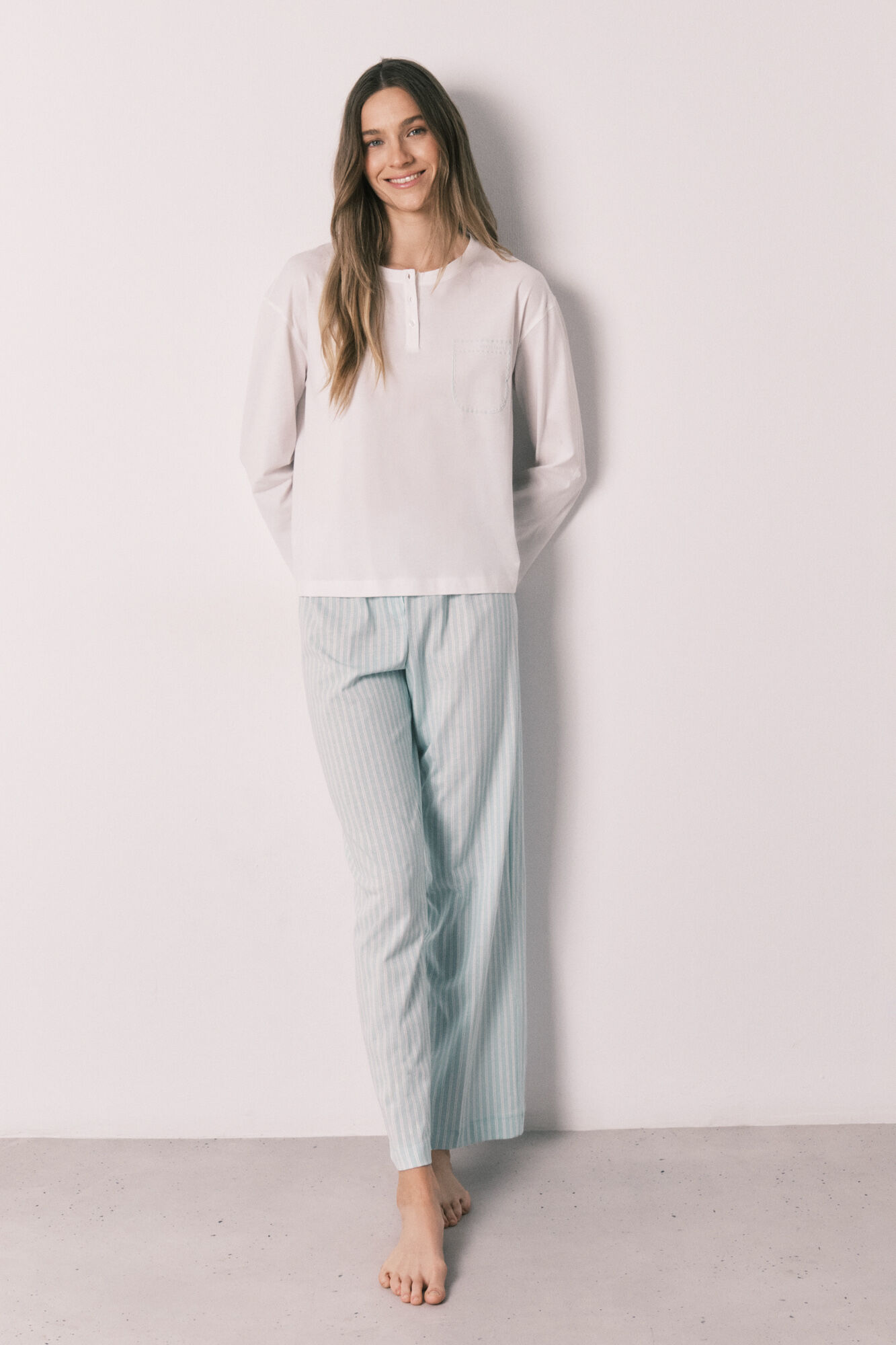 Women'secret Pijama largo algod&oacute;n pantal&oacute;n rayas verde