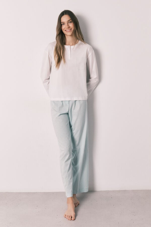 Women'secret Pijama comprido em algod&atilde;o com cal&ccedil;as &agrave;s riscas verde bege