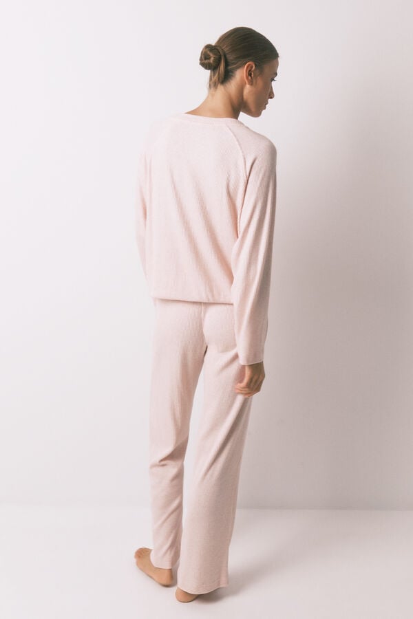 Women'secret Pijama longo canelado lilás escovado rosa