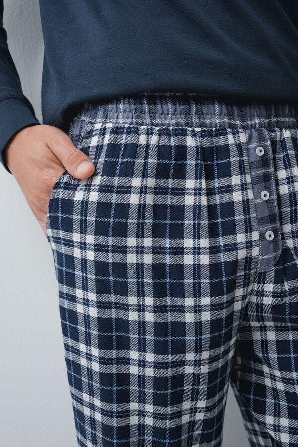 Women'secret Pijama comprido em algod&atilde;o azul-marinho xadrez azul