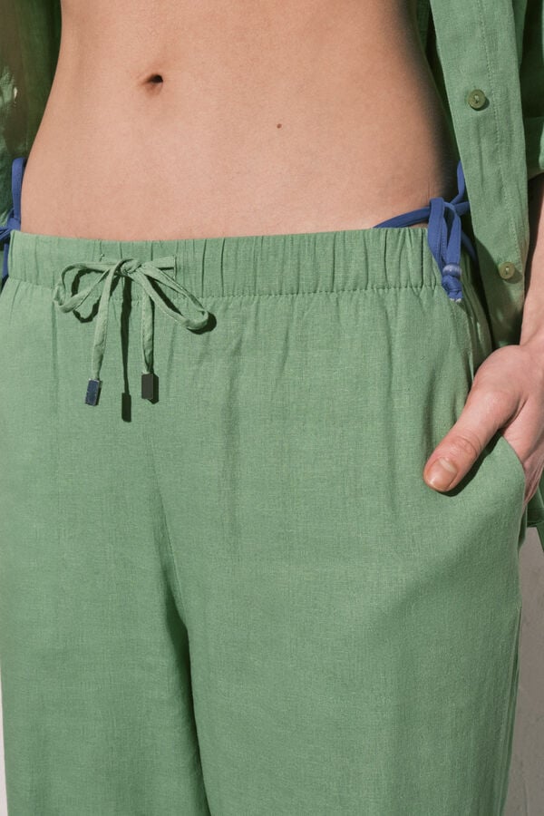 Women'secret Cal&ccedil;as compridas de linho verde verde