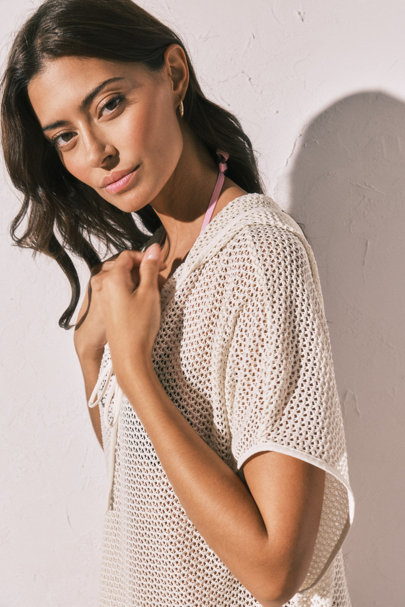 Women'secret T&uacute;nica curta com capuz efeito rede bege