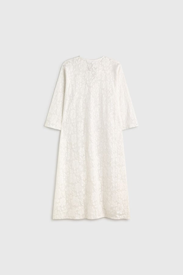 Textura T&uacute;nica comprida em algod&atilde;o com detalhes de renda branco