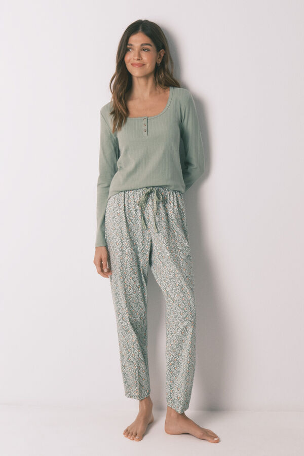 Women'secret Pijama largo algod&oacute;n estampado flores verde verde
