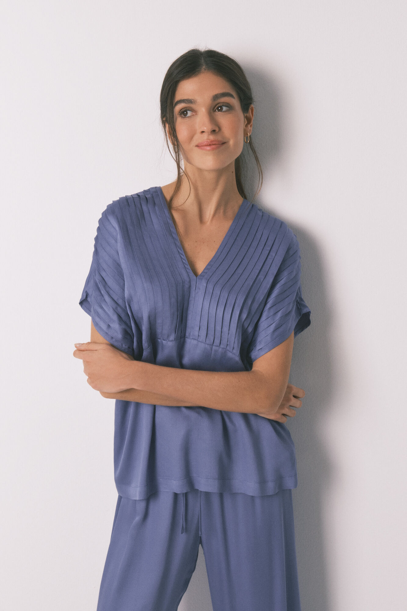 Women'secret Pijama largo azul escote plisado