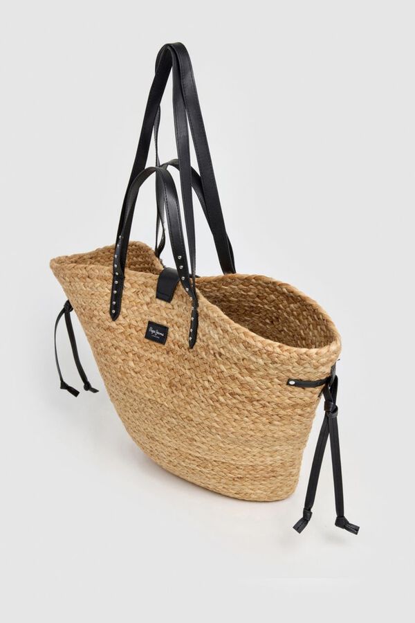 Pepe Jeans Mala tote de praia em r&aacute;fia com tachas preto