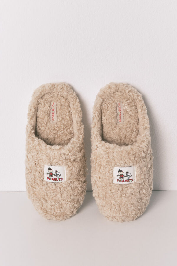 Women'secret Pacote de presente com chinelos de quarto de borrego e máscara para os olhos do Snoopy bege