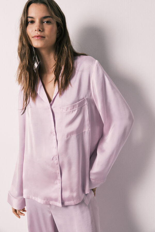 Women'secret Pijama camiseiro comprido em cetim lil&aacute;s rosa