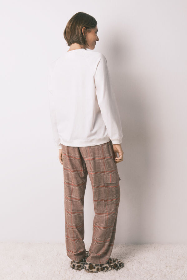 Women'secret Pijama longo 100% algodão estampado xadrez Snoopy bege