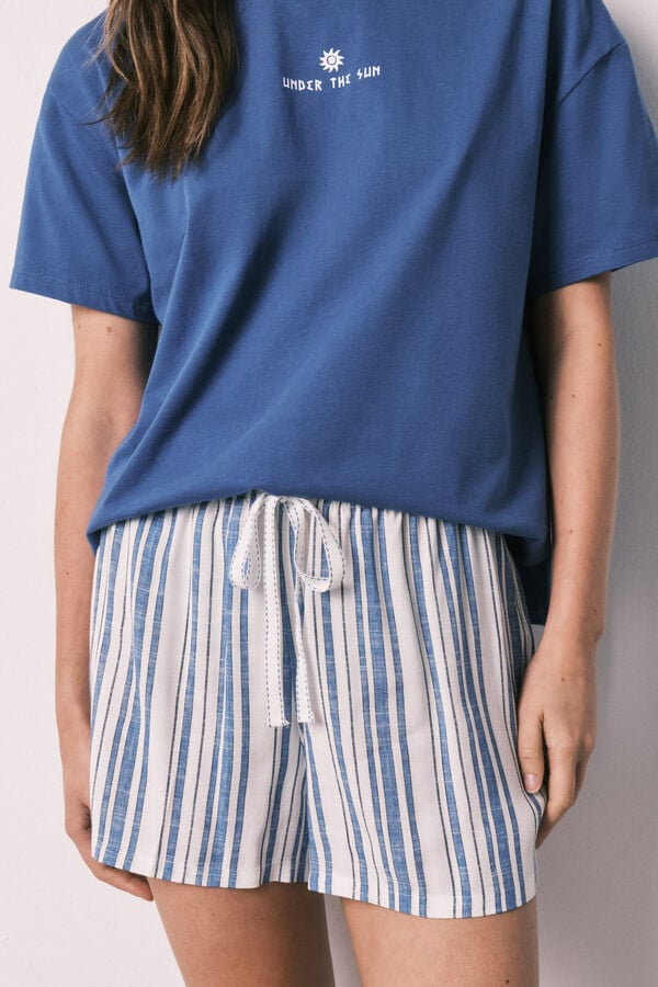 Women'secret Pijama curto em algod&atilde;o e viscose &agrave;s riscas azul azul