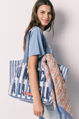 Women'secret Mala tote bag em algod&atilde;o estampado &agrave;s riscas azul