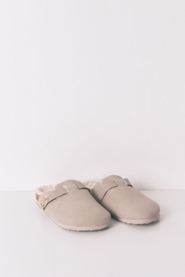 Women'secret Chinelos de quarto estilo tamanco de pele cinza cinzento