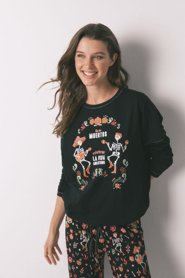 Women'secret Pijama largo 100% algod&oacute;n "D&iacute;a de muertos" negro negro