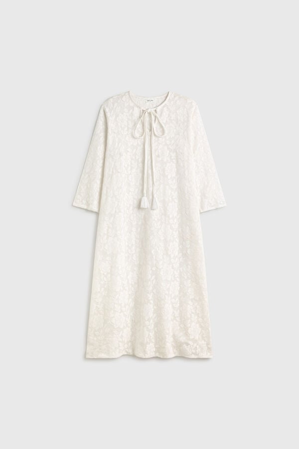 Textura T&uacute;nica comprida em algod&atilde;o com detalhes de renda branco