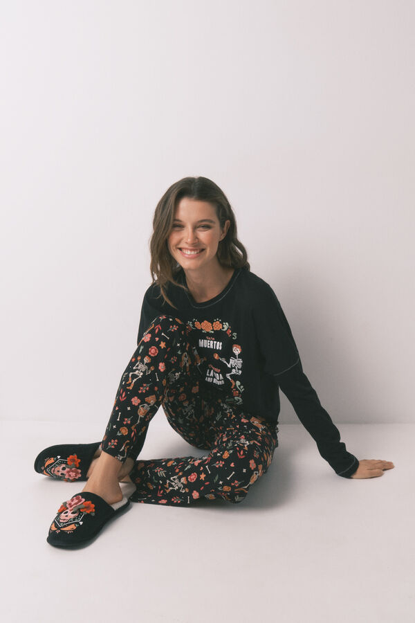 Women'secret Pijama largo 100% algod&oacute;n "D&iacute;a de muertos" negro negro