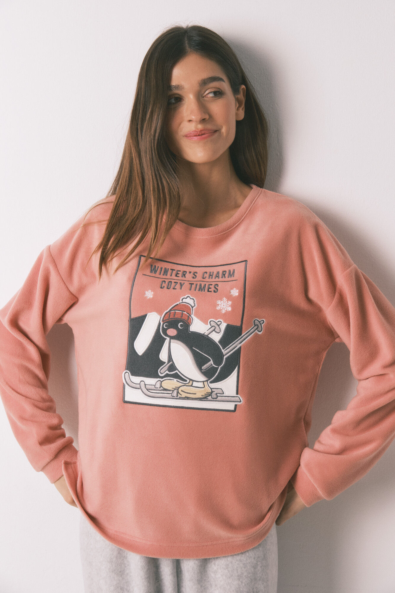 Women'secret Pijama largo polar suave rosa y gris Pingu