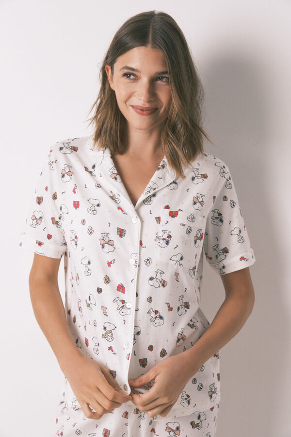 Women'secret Pijama longo estilo camisa 100% algodão branco Snoopy branco