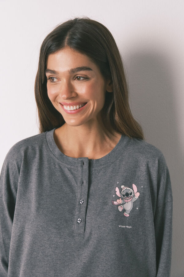 Women'secret Pijama comprido 100% algod&atilde;o cinzento xadrez Stitch cinzento