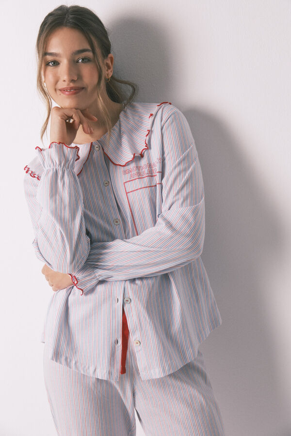 Women'secret Pijama comprido em algod&atilde;o gola Peter Pan azul