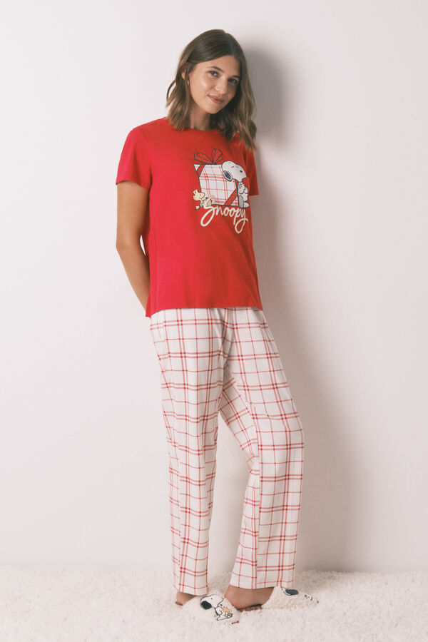 Women'secret Pijama longo 100% algod&atilde;o xadrez vermelho Snoopy vermelho