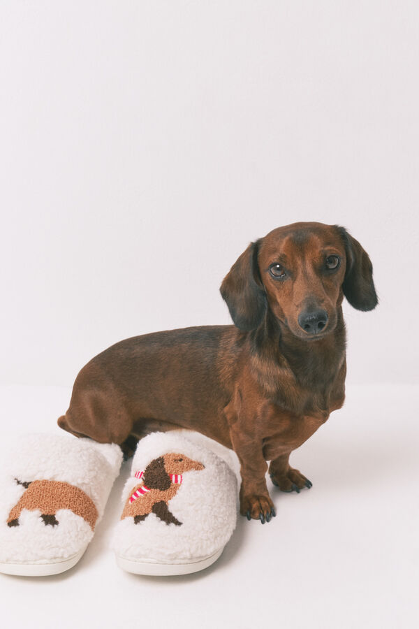 Women'secret Chinelos de quarto de pelo com desenho de c&atilde;es bege