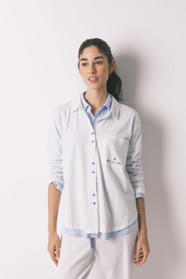 Women'secret Pijama camiseiro comprido em 100% algod&atilde;o &agrave;s riscas branco branco