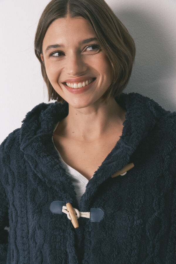 Women'secret Robe curto polar com capuz suave azul azul