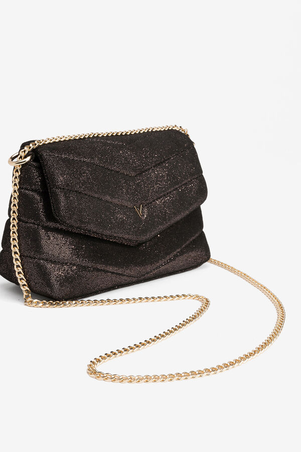 Vilanova Bolso bandolera de fiesta, acolchado, con solapa y acabado brillante.&nbsp;Cierre magn&eacute;tico y asa de cadena. negro