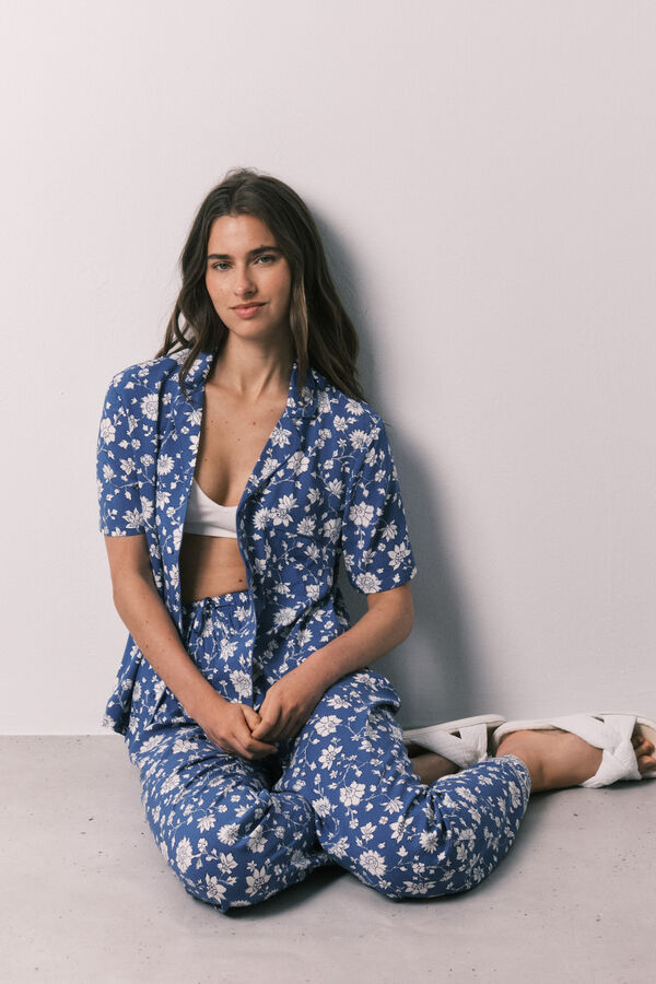 Women'secret Pijama comprido camiseiro de flores azul azul