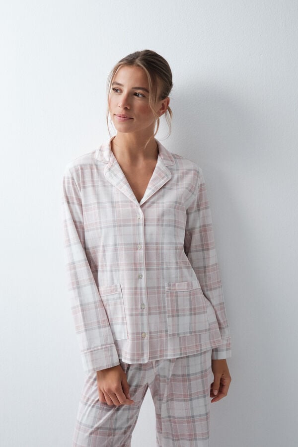 Women'secret Pijama comprido camiseiro em algod&atilde;o xadrez cru