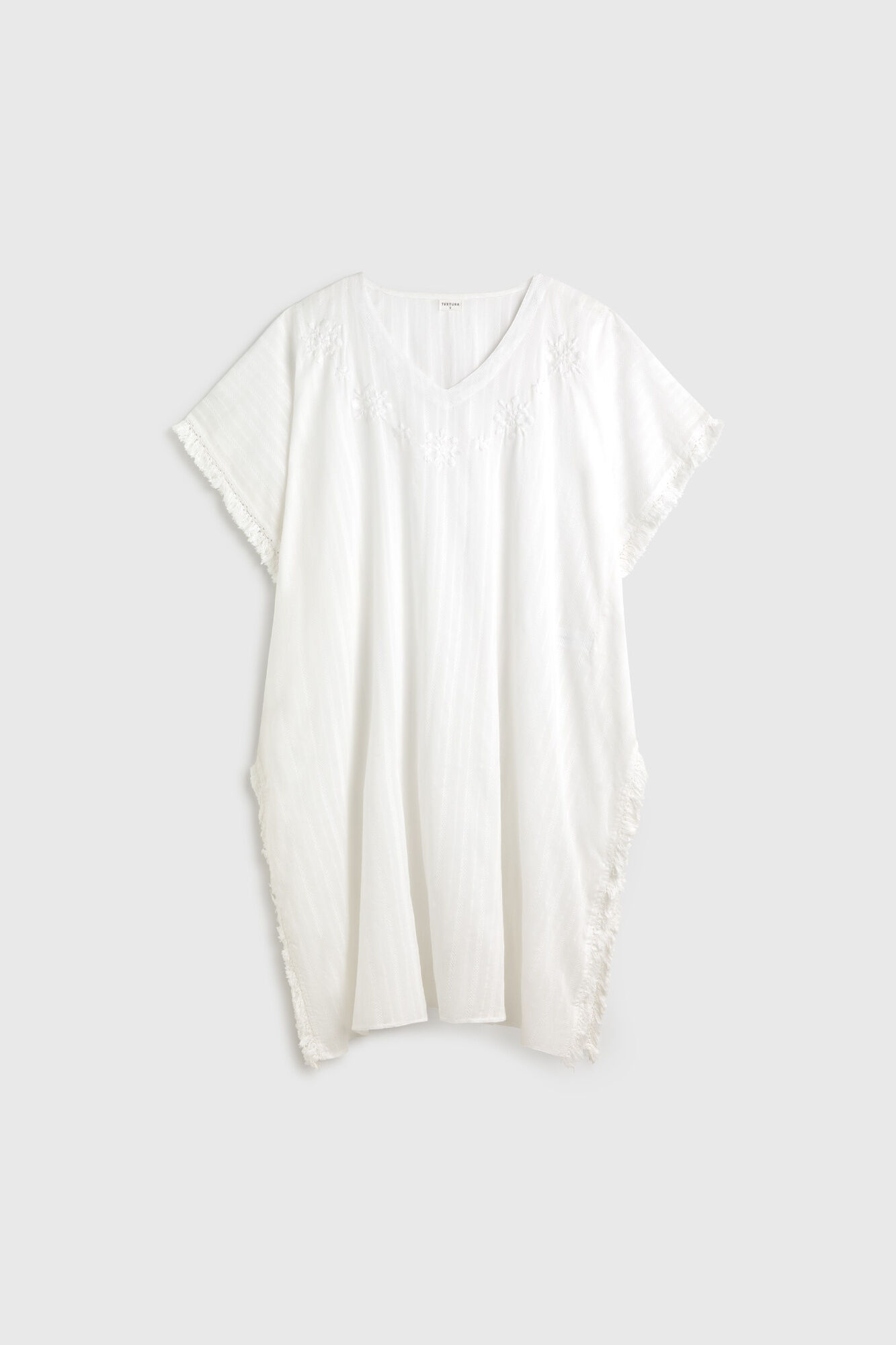 Textura T&uacute;nica comprida de algod&atilde;o com franjas bordadas