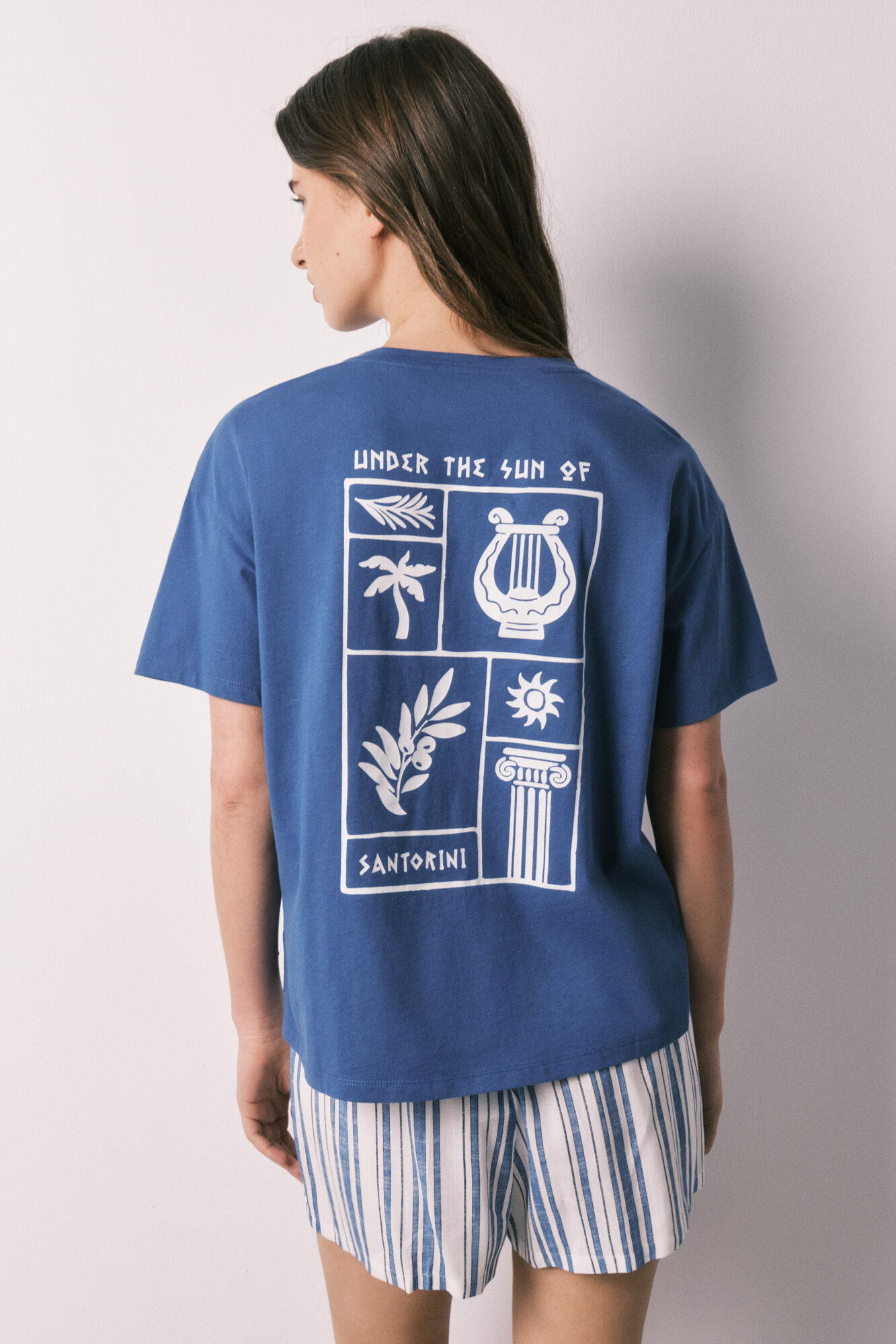 Women'secret Pijama curto em algod&atilde;o e viscose &agrave;s riscas azul