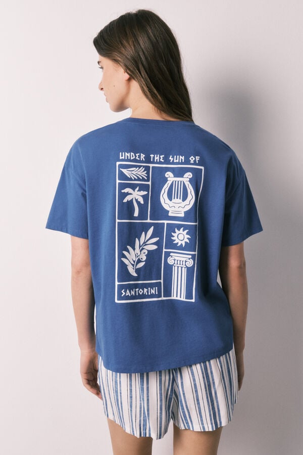 Women'secret Pijama curto em algod&atilde;o e viscose &agrave;s riscas azul azul